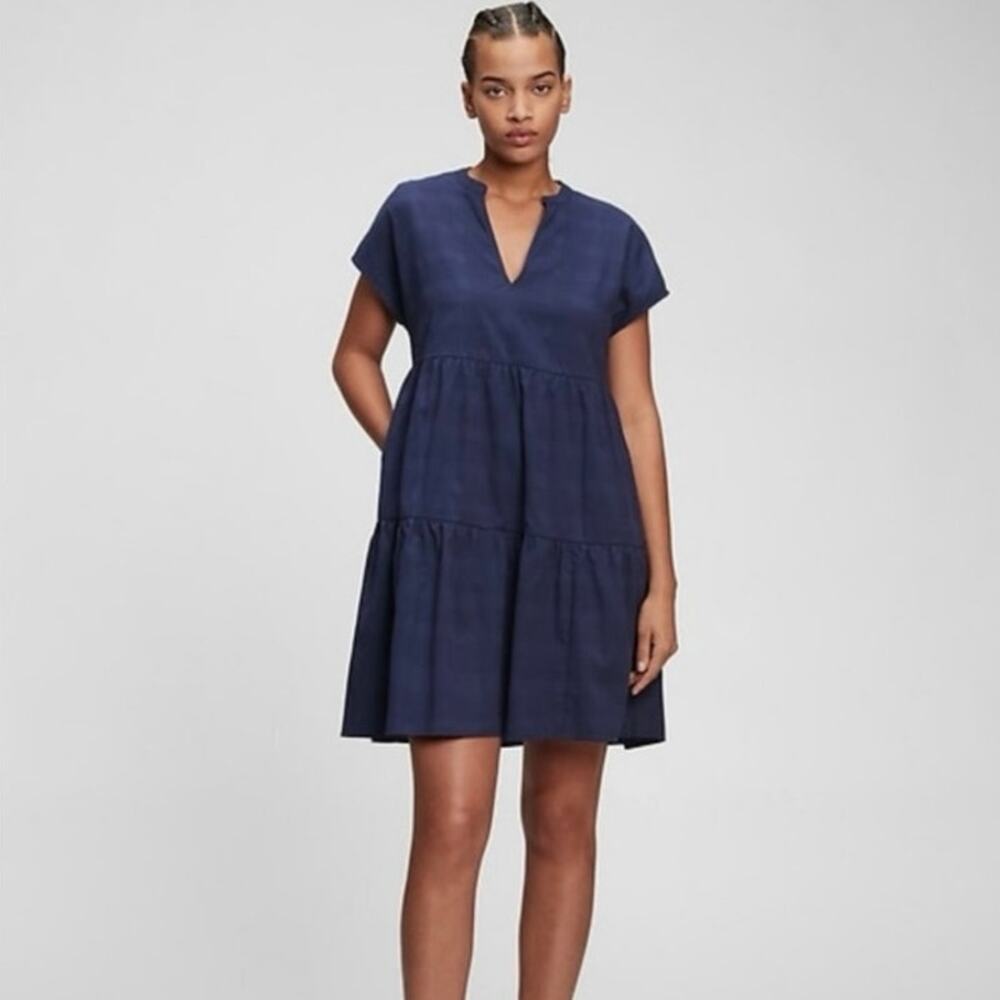 Gap short sleeve sundress mini dress tiered split neck casual blue size large